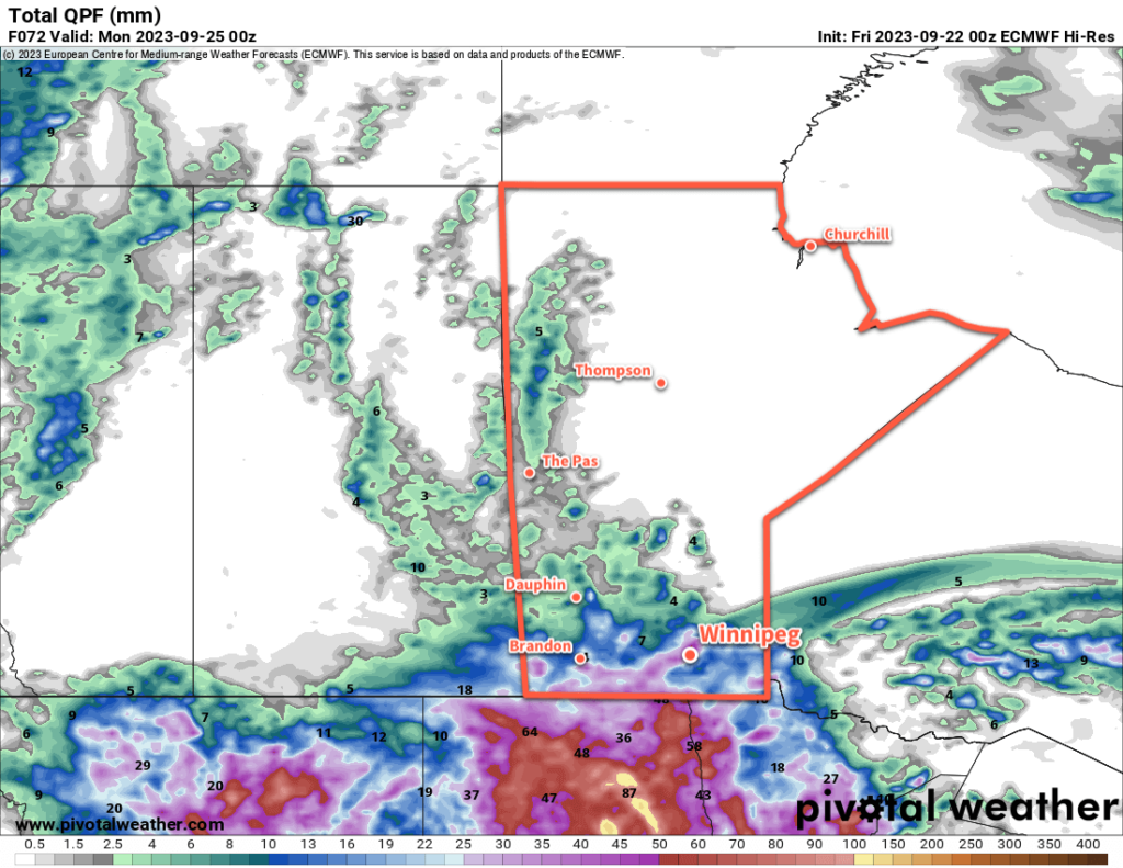 ECMWF Total Accumulated Precipitation valid between 00Z Thursday September 22 and 00Z Monday September 25, 2023