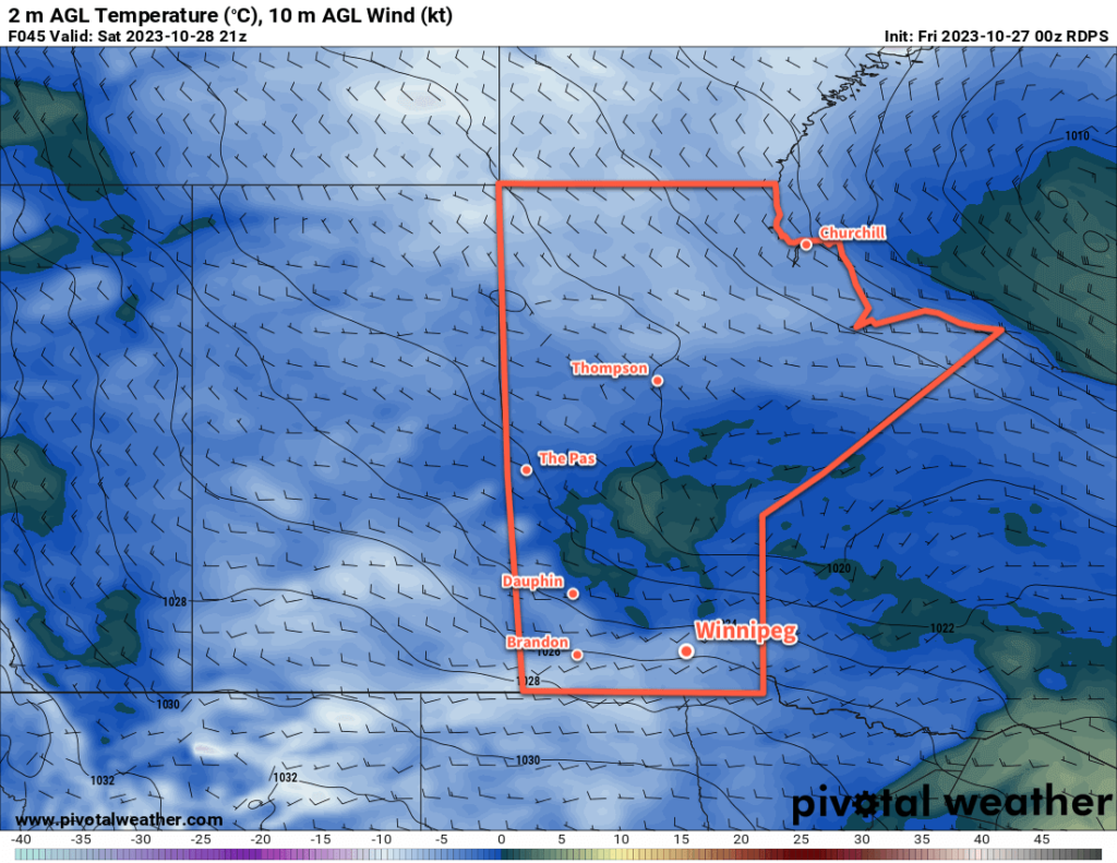 RDPS 2m Temperature Forecast valid 21Z Saturday October 28, 2023