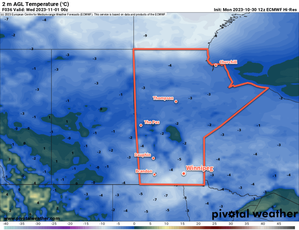 ECMWF 2m Temperature Forecast valid 00Z Wednesday November 1, 2023.