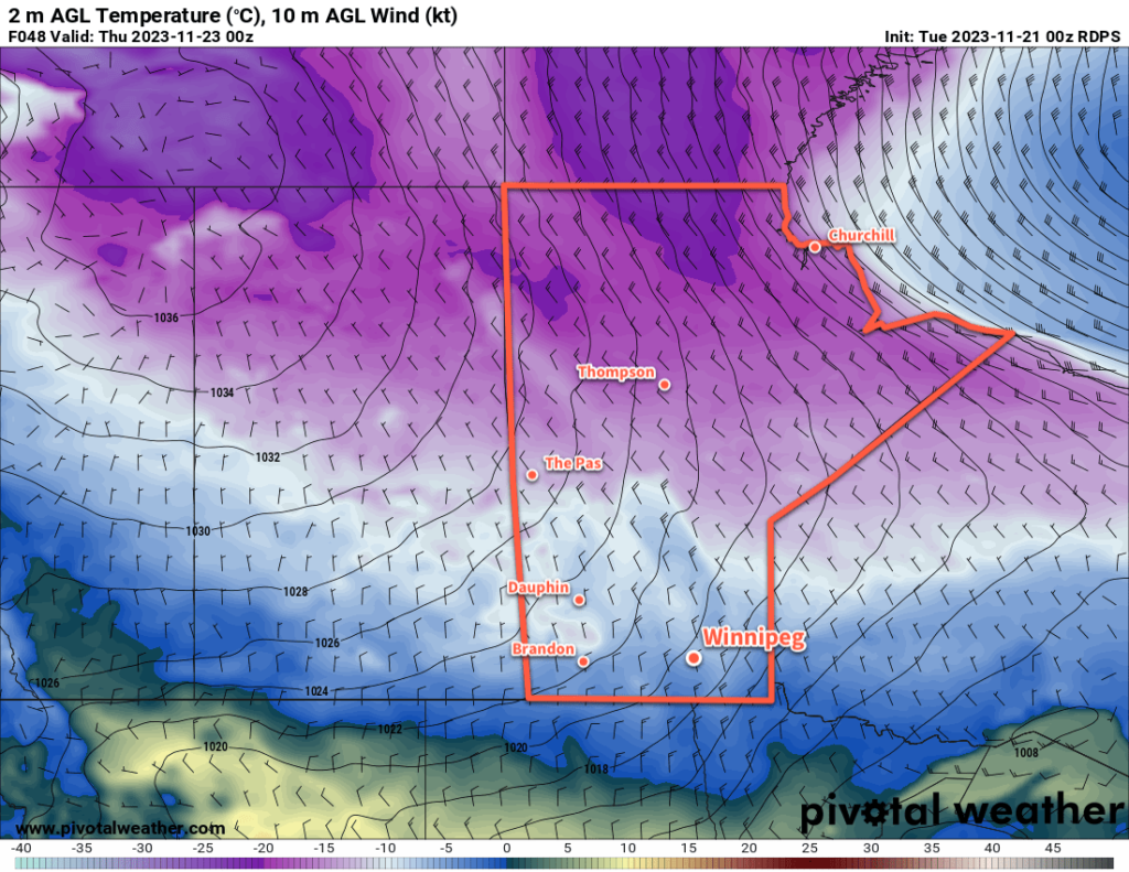 RDPS 2m Temperature Forecast valid 00Z Thursday November 23, 2023