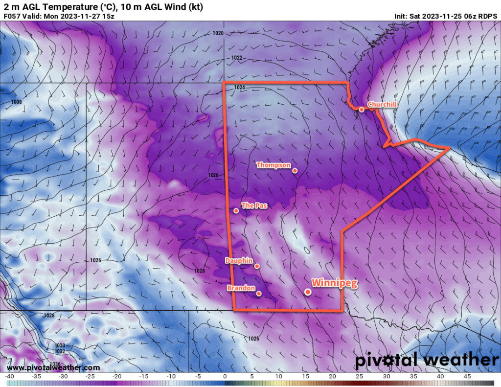 RDPS 2m Temperature Forecast valid 15Z Monday November 27, 2023