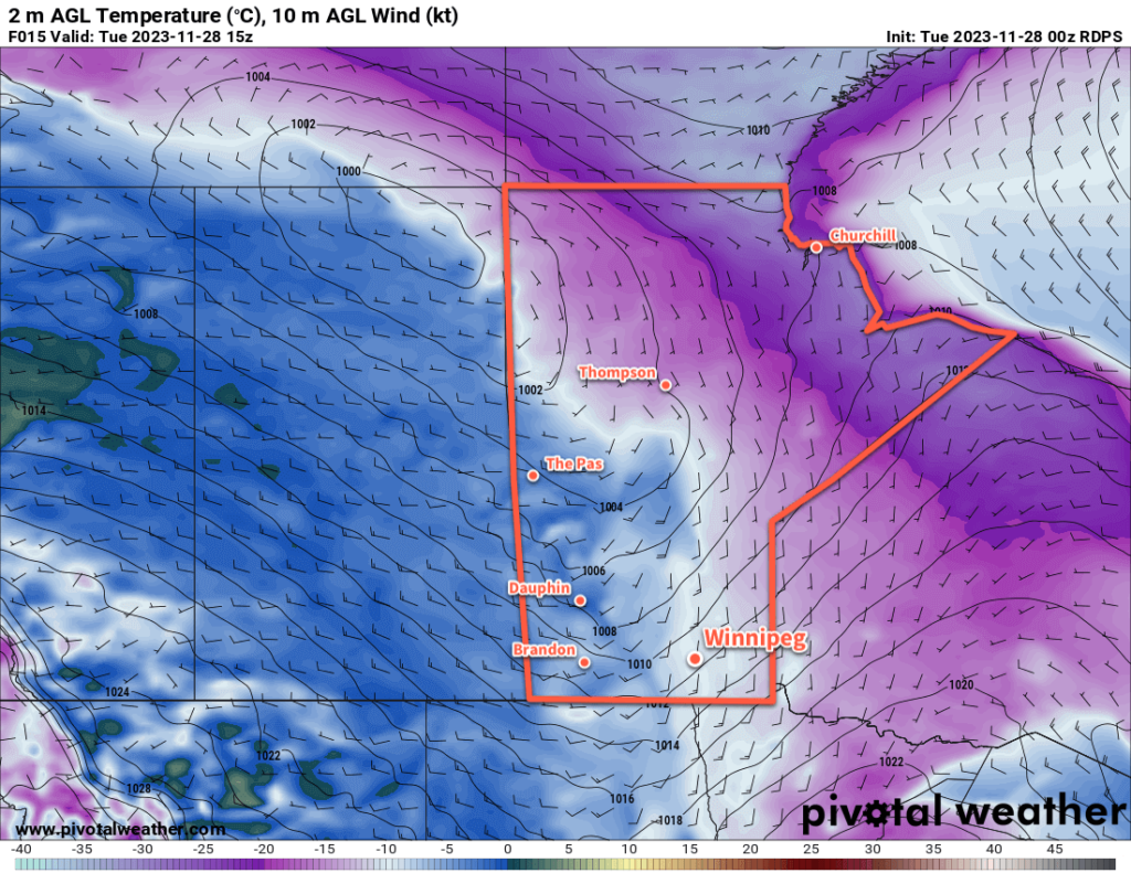 RDPS 2m Temperature Forecast valid 15Z Tuesday November 28, 2023