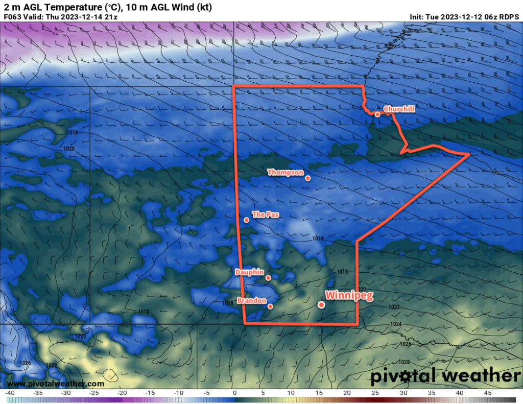 RDPS 2m Temperature Forecast valid 21Z Thursday December 14, 2023