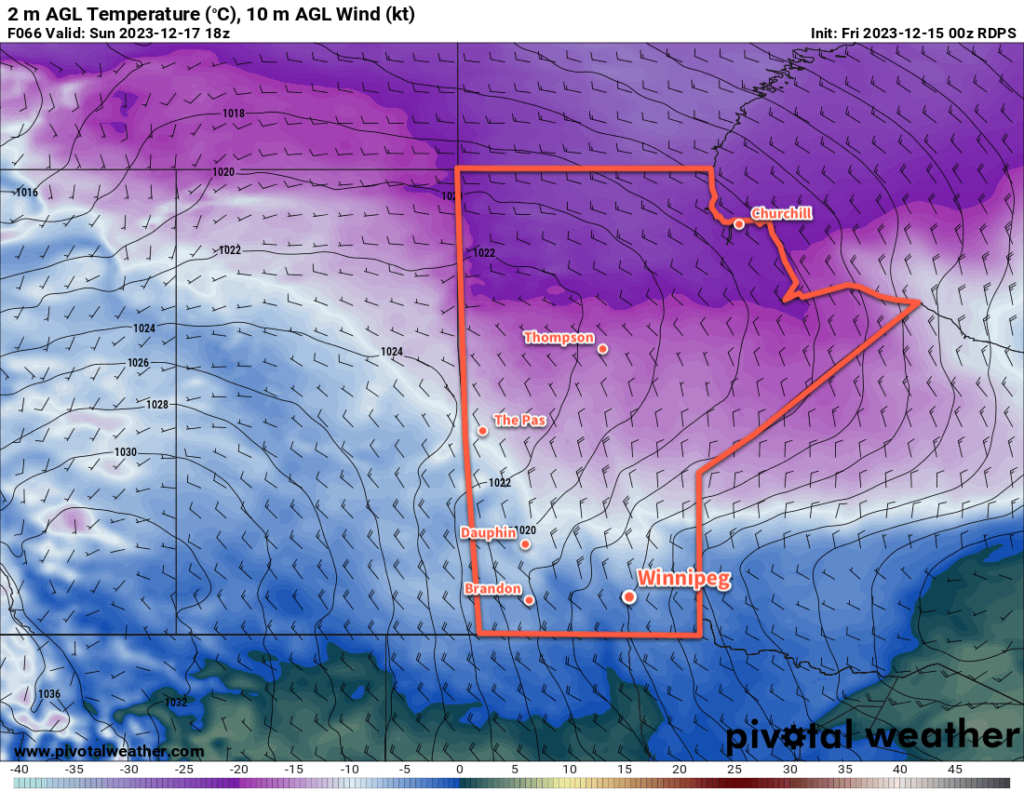 RDPS 2m Temperature Forecast valid 18Z Sunday December 17, 2023