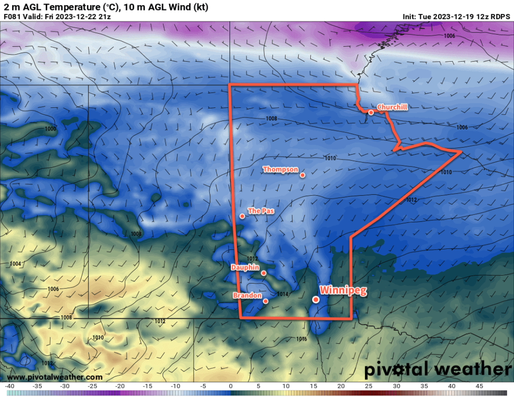 RDPS 2m Temperature Forecast valid 21Z Friday December 22, 2023