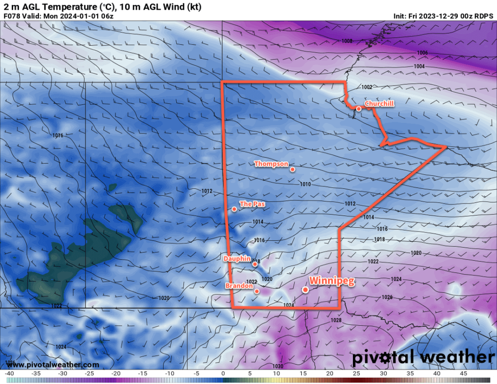 RDPS 2m Temperature Forecast valid 06Z Monday January 1, 2024