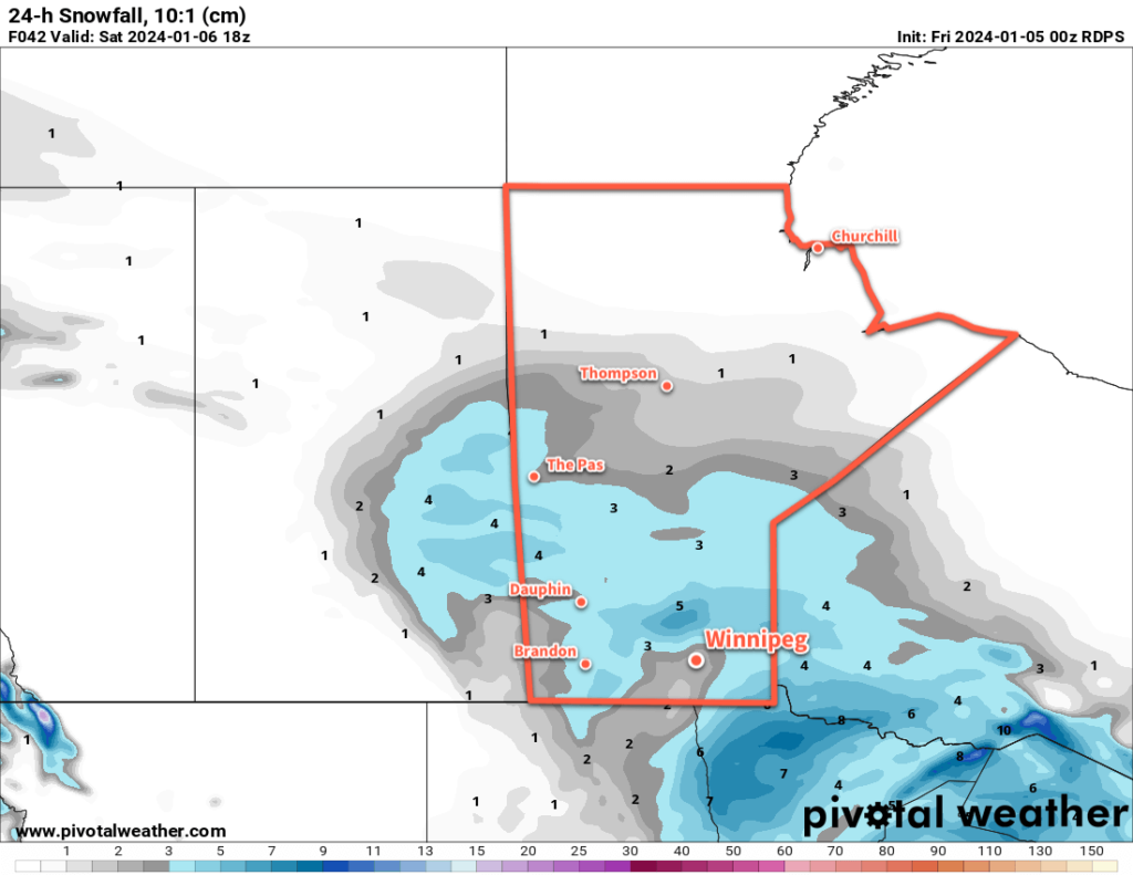 RDPS 24hr. Snowfall Accumulation Forecast valid 18Z Saturday January 6, 2024