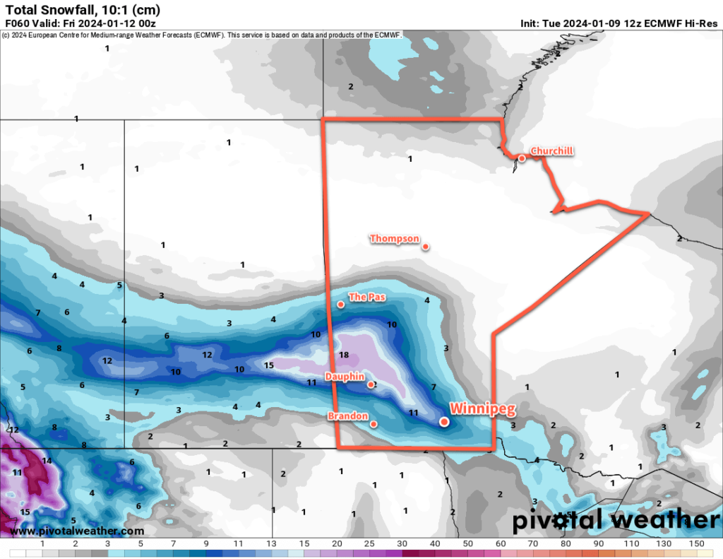 ECMWF Total Snowfall Forecast valid 12Z Tuesday January 9 to 00Z Friday January 12, 2024