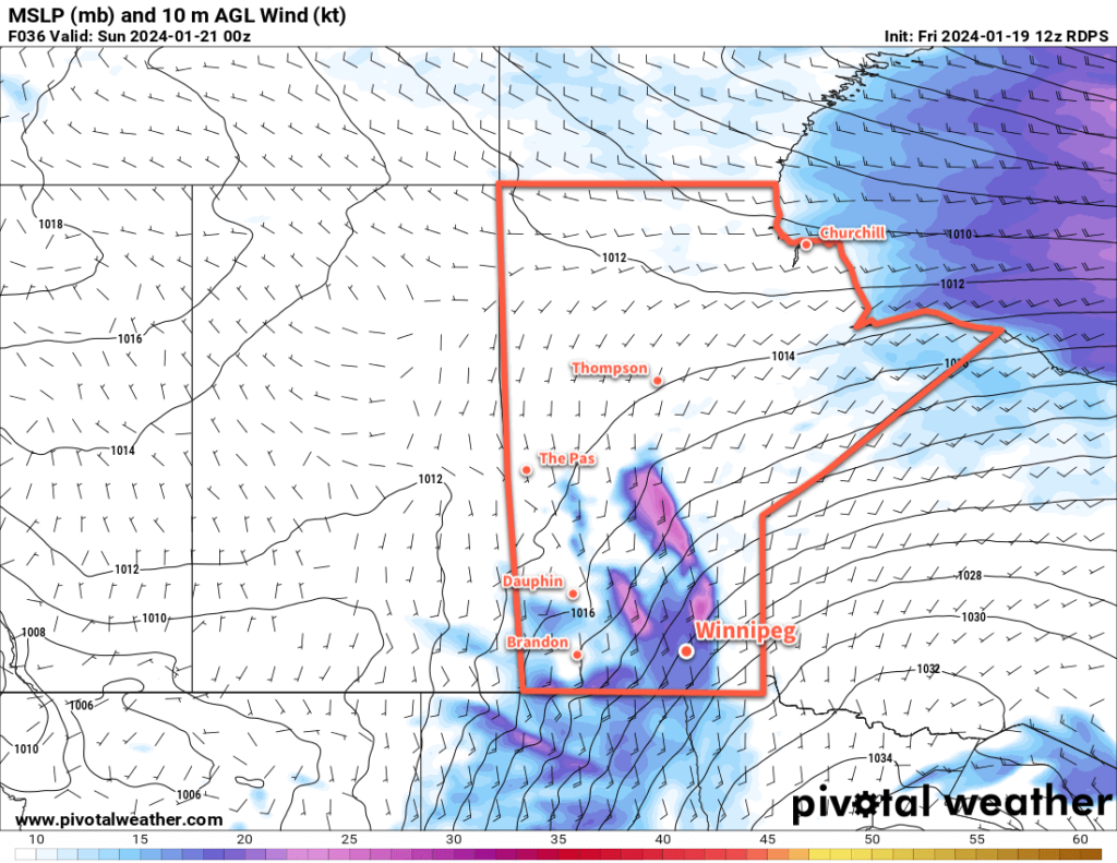 RDPS 10m Wind Forecast valid 00Z Sunday January 21, 2023