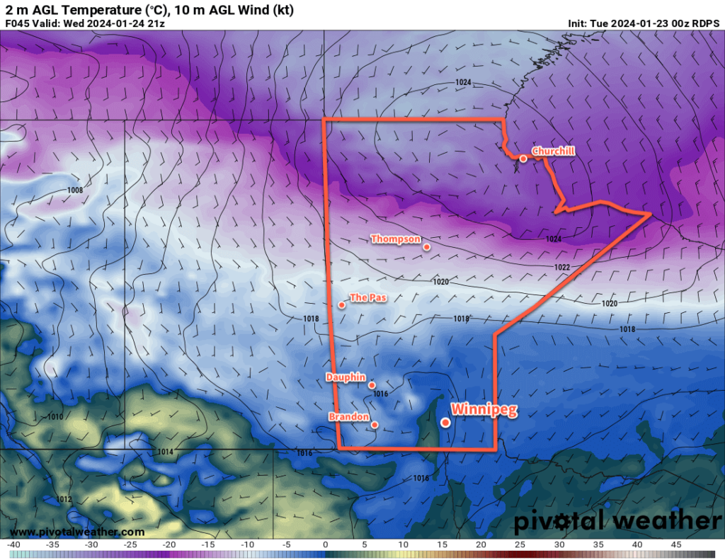 RDPS 2m Temperature Forecast valid 21Z Wednesday January 24, 2024