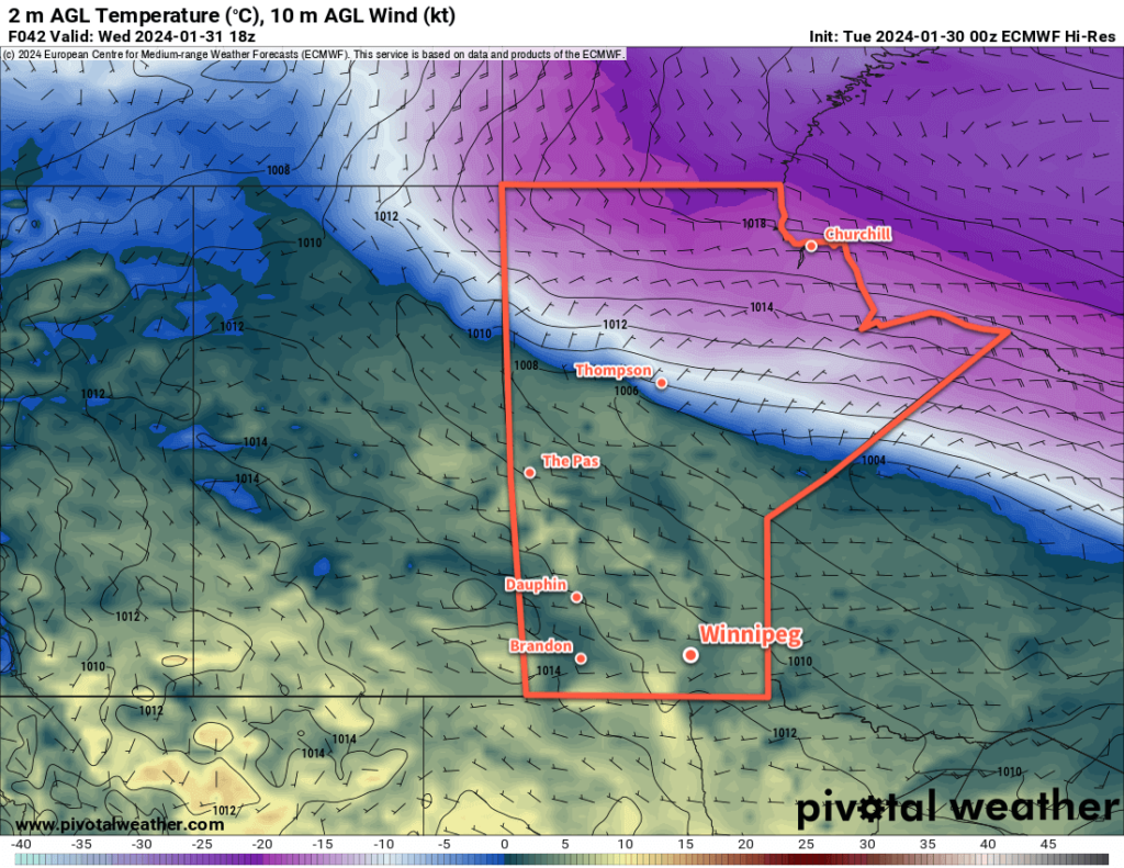 ECMWF 2m Temperature Forecast valid 18Z Wednesday January 31, 2024