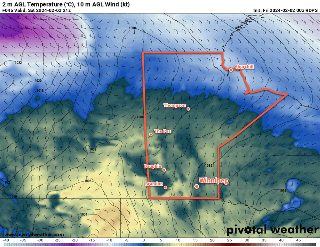 RDPS 2m Temperature Forecast valid 21Z Saturday February 3, 2024