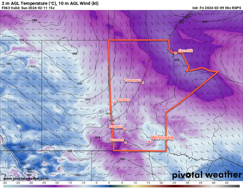 RDPS 2m Temperature Forecast valid 15Z Sunday February 11, 2024