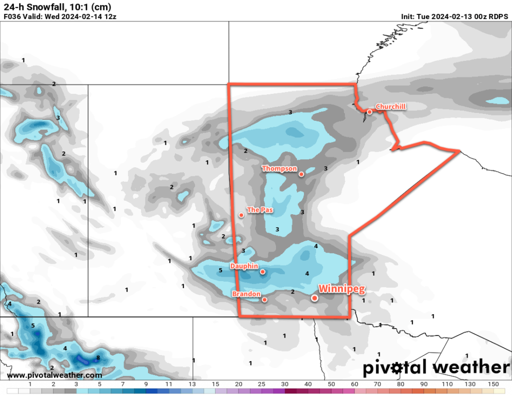 RDPS 24hr. Snowfall Forecast (10:1 SLR) valid 12Z Wednesday February 14, 2024