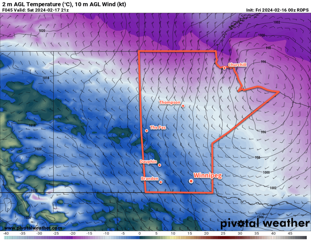 RDPS 2m Temperature Forecast valid 21Z Saturday February 17, 2024