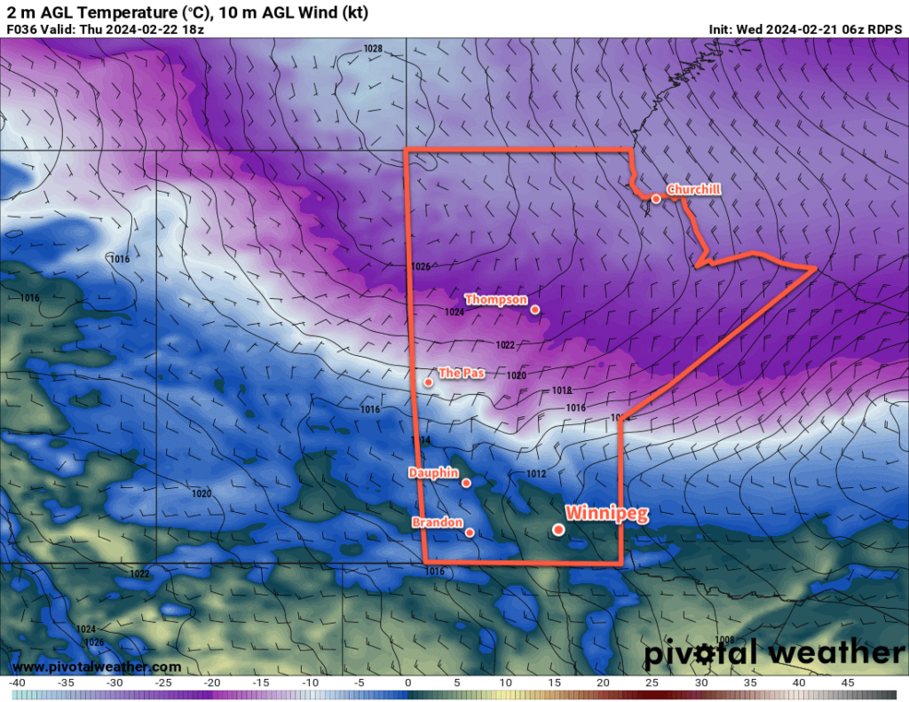 RDPS 2m Temperature Forecast valid 18Z Thursday February 22, 2024