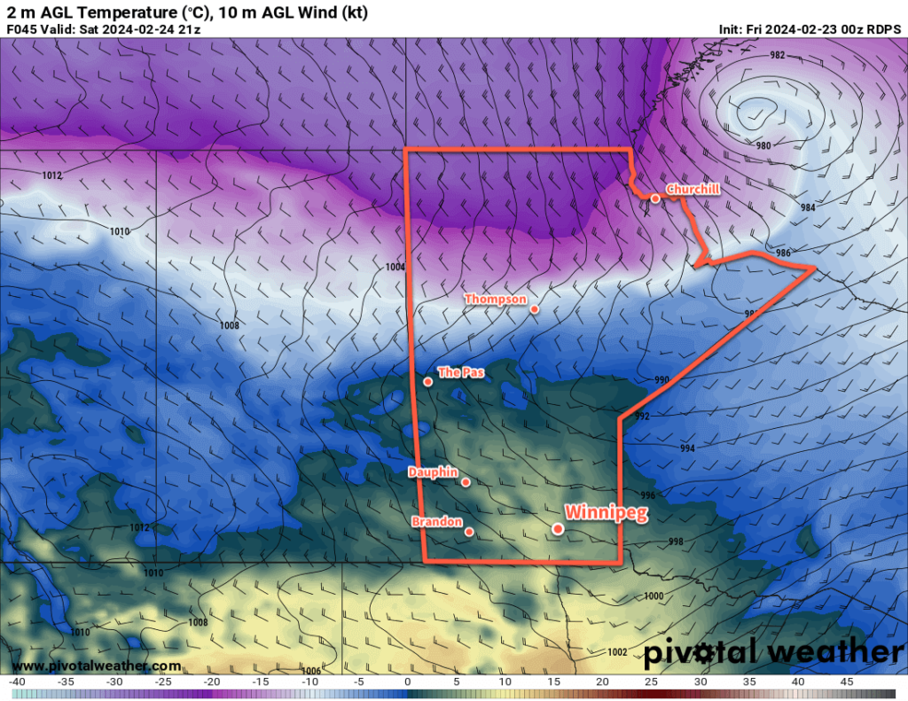 RDPS 2m Temperature Forecast valid 21Z Saturday February 24, 2024