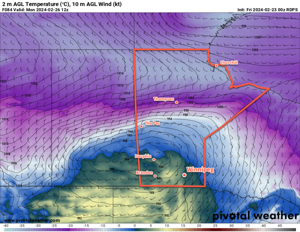 RDPS 2m Temperature Forecast valid 12Z Monday February 26, 2024