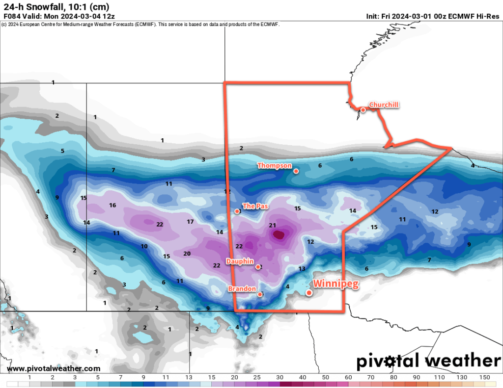 ECMWF 24-hour Snowfall Accumulation (10:1 SLR) Foreacst valid 12Z Monday March 4, 2024