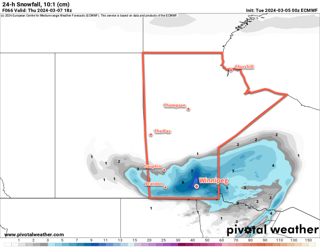 ECMWF 24hr Snowfall Forecast (10:1 SLR) valid 18Z Thursday March 7, 2024