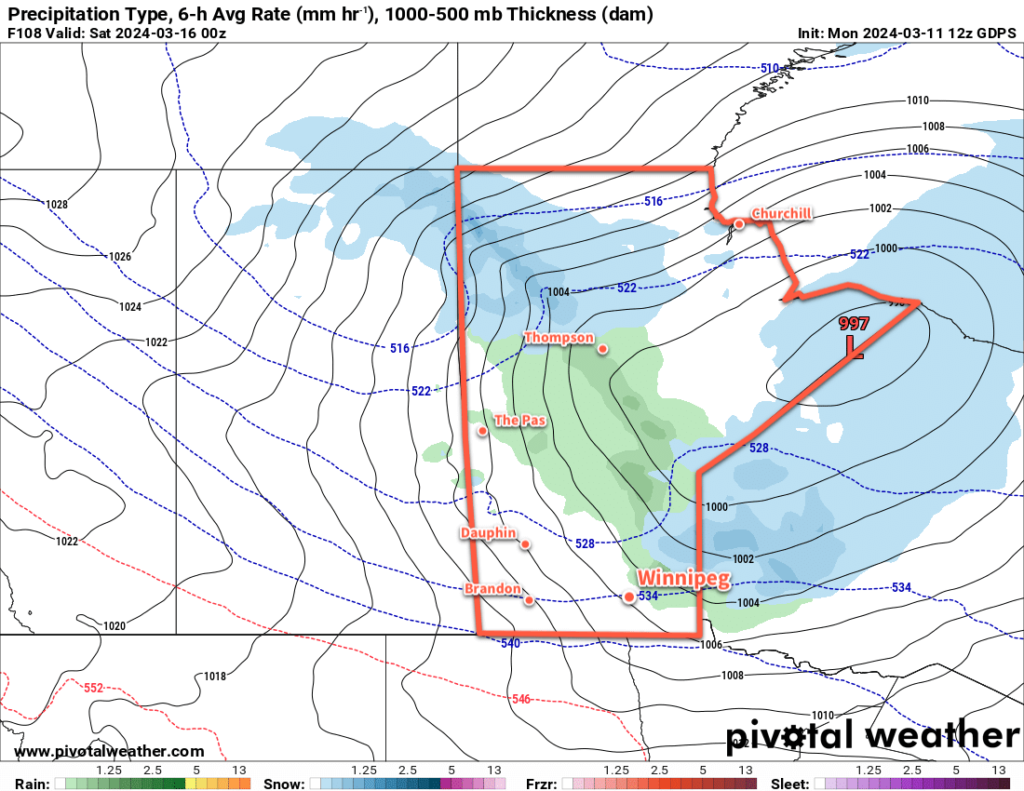 GDPS Precipitation Type and Rate Forecast valid 00Z Saturday March 16, 2024