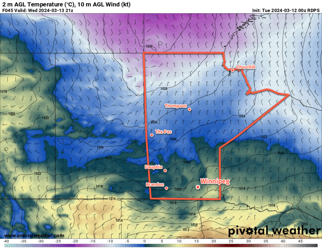 RDPS 2m Temperature Forecast valid 21Z Wednesday March 13, 2024