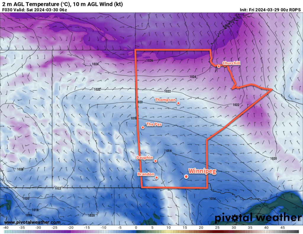 RDPS 2m Temperature Forecast valid 06Z Saturday March 30, 2024