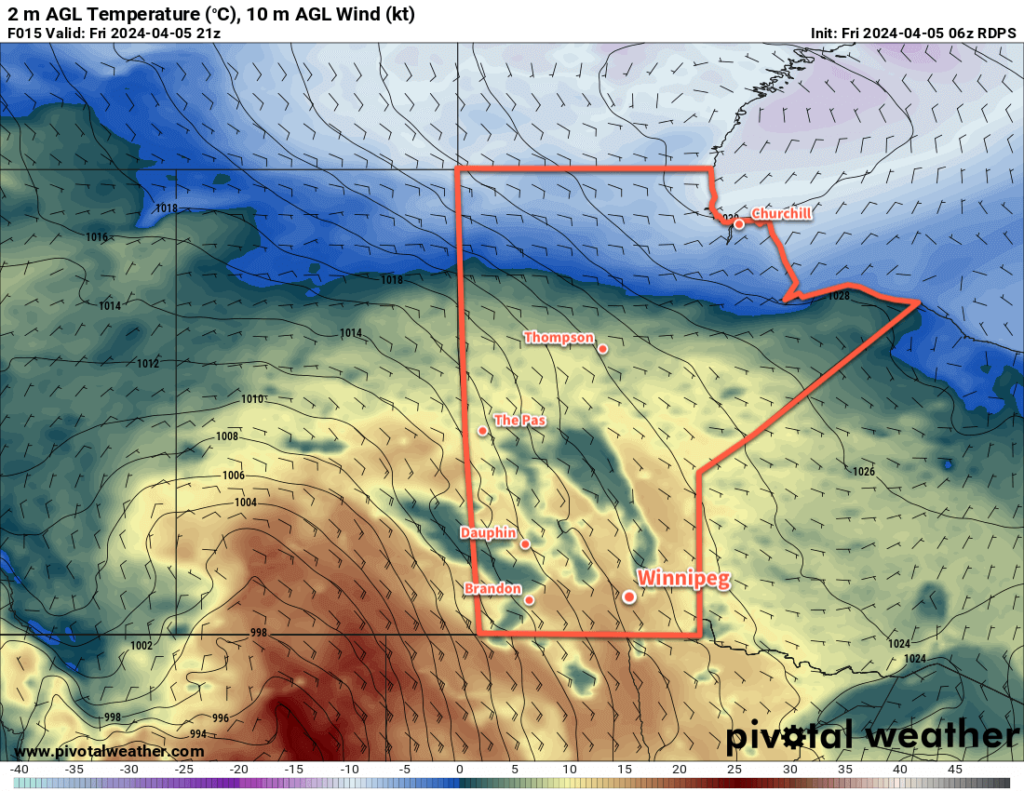 RDPS 2m Temperature Forecast valid 21Z Friday April 5, 2024