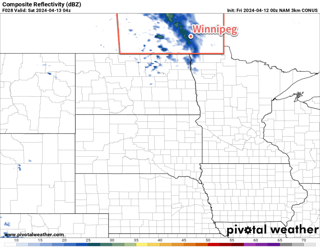 3km NAM simulated RADAR reflectivity valid 04Z Saturday April 13, 2024