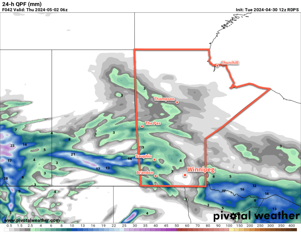 RDPS 24hr. Precipitation Accumulation Forecast valid 06Z Thursday, May 2, 2024