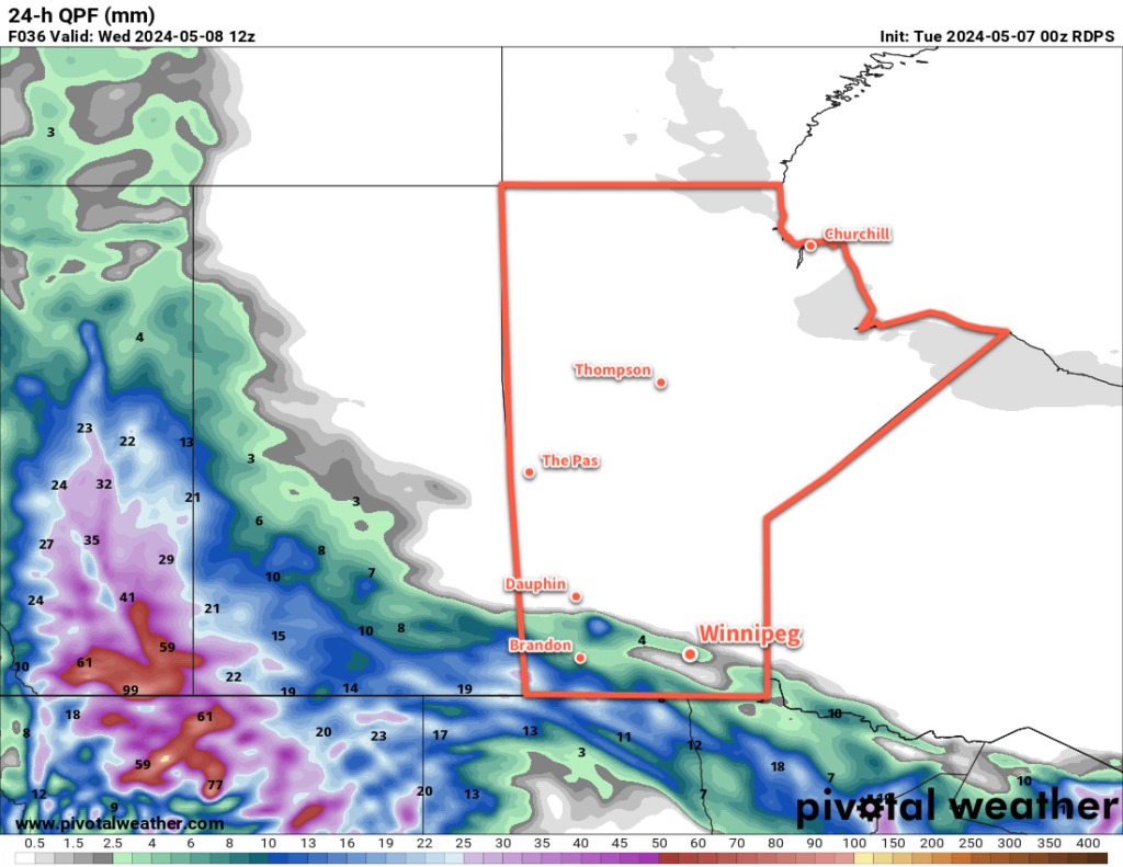 RDPS 24hr. Precipitation Accumulation Forecast valid 12Z Wednesday May 8, 2024