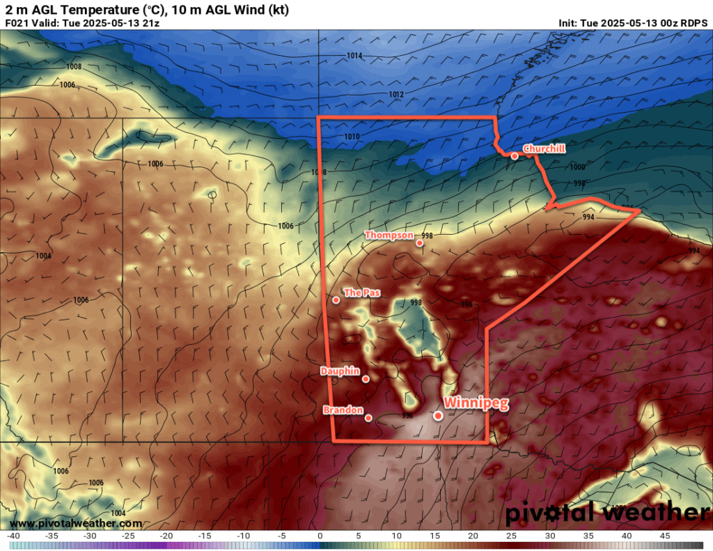 RDPS 2m Temperature Forecast valid 21Z Tuesday May 13, 2025