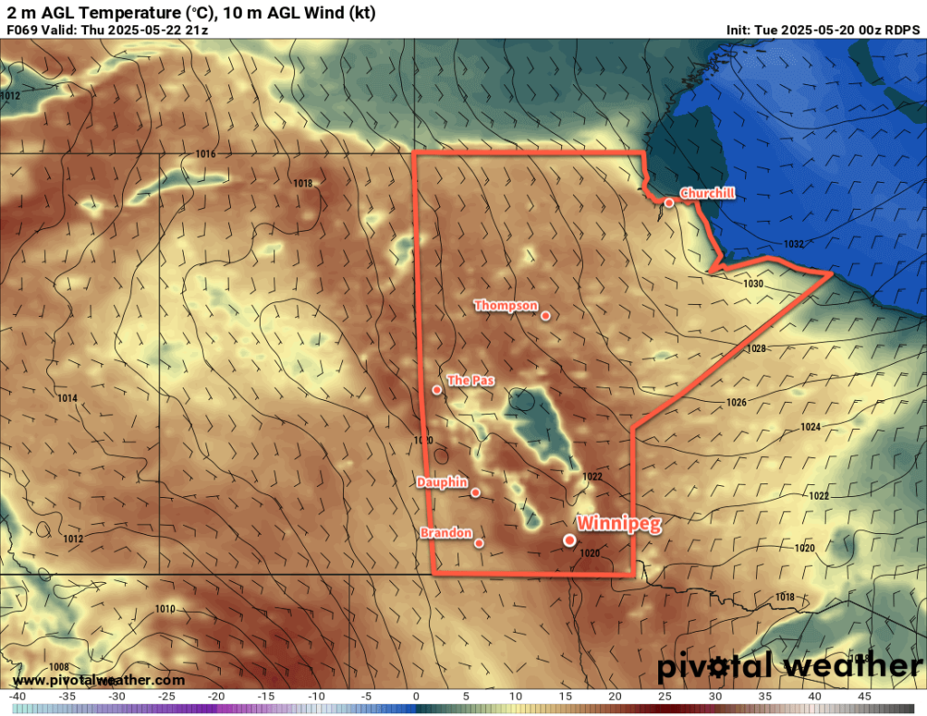 RDPS 2m Temperature Forecast valid 21Z Thursday May 22, 2025