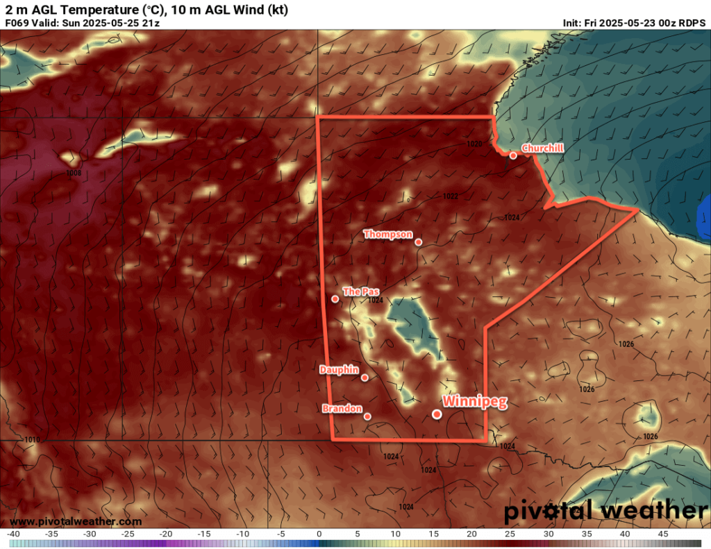 RDPS 2m Temperature Forecast valid 21Z Sunday May 25, 2025