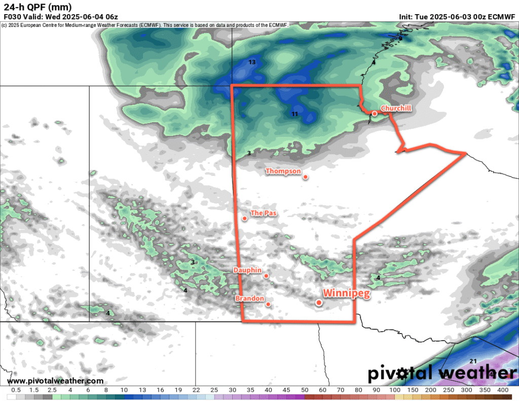 ECMWF 24-hour Precipitation Accumulation valid 06Z Wednesday June 4, 2025
