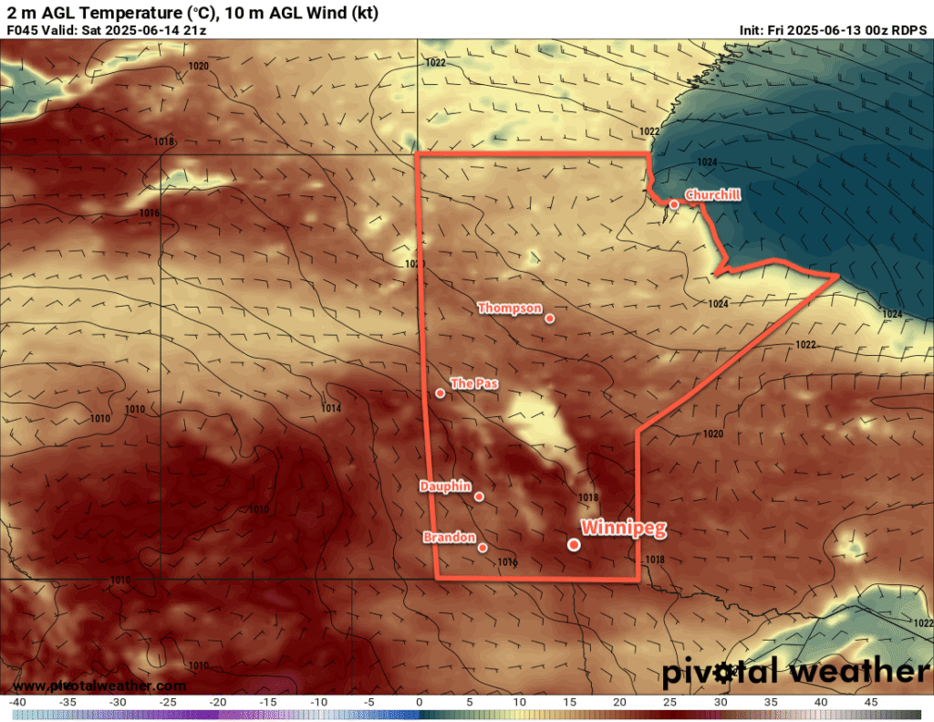 RDPS 2m Temperature Forecast valid 21Z Saturday June 14, 2025