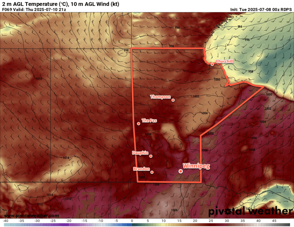 RDPS 2m Temperature Forecast valid 21Z Thursday July 10, 2025