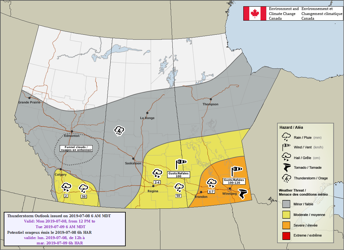 ECCC is forecasting a threat of severe thunderstorms over southern Manitoba today.